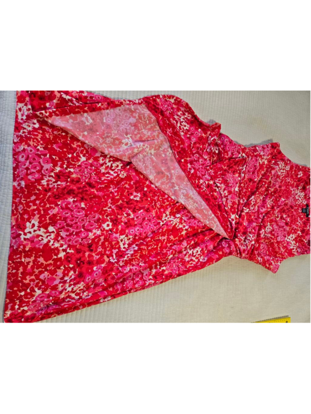 Chaps Floral Faux Wrap Dress Pink Coral Sleeveless Ruched Ruffle Sheath size L - Picture 9 of 9